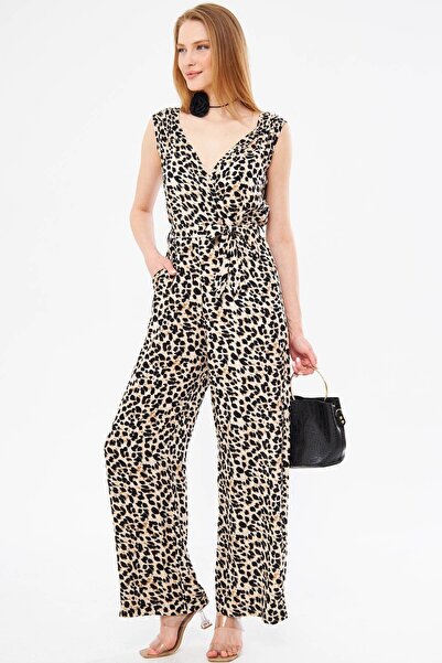 armonika Women's Beige Double Breasted Collar Shoulder Rubber Detailed Back V Belted Long Jumpsuit ARM-24Y001049