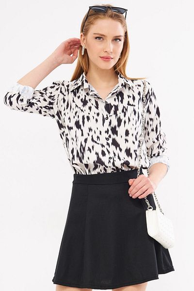 armonika Cămașă cu mânecă lungă pentru femei cu model bej-negru - ARM-24K001017