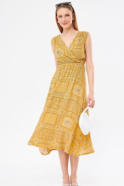 armonika Kadın Hardal Desenli Beli Ve Omzu Lastikli Kruvaze Yaka Midi Boy Eteği Elbise Arm-24y001052