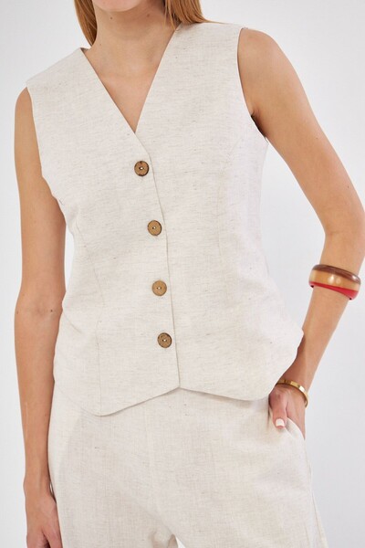 armonika Ecru V-neck Linen Look Lined Women's Vest - ARM-24Y 001111