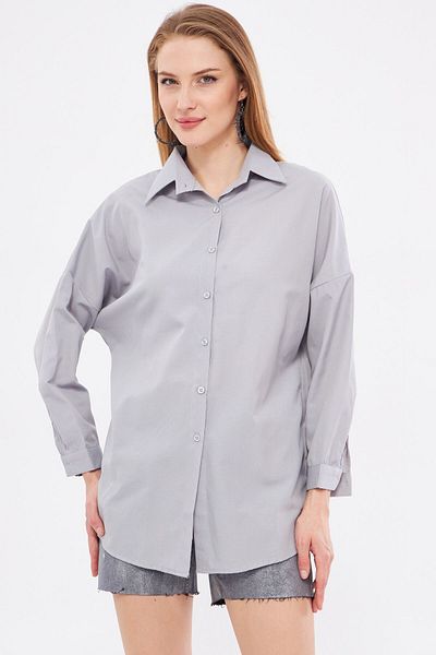 armonika Γκρι oversize γυναικείο πουκάμισο - Μακρύ βασικό μοντέλο ARM-22Y001118