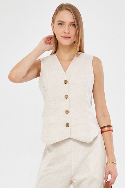 armonika Ecru V-neck Linen Look Lined Women's Vest - ARM-24Y 001111