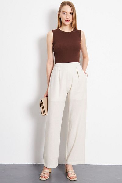 armonika Ecru Linen Palazzo kalhoty – kapsy a poloviční podšívka, ARM-24Y001070