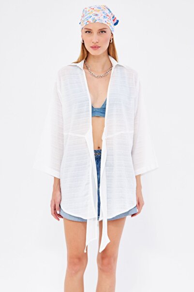 armonika White Striped Kimono Shirt - Women's, Front Tie, ARM-24Y 001101