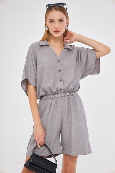 armonika Gray Shirt Collar Short Jumpsuit - Pockets, Women's, Arm-24y 001113