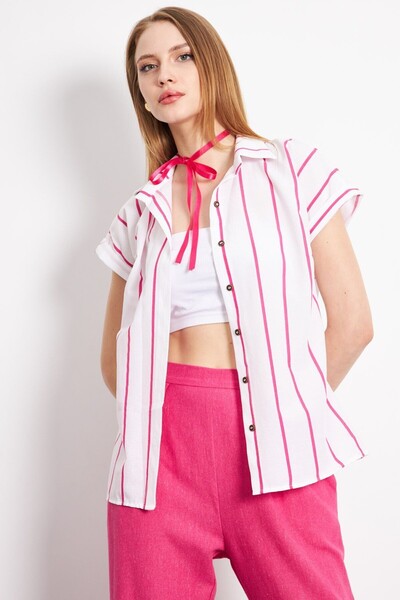 armonika Fuchsia Striped Women's Shirt - Short Sleeve, ARM-19Y001067