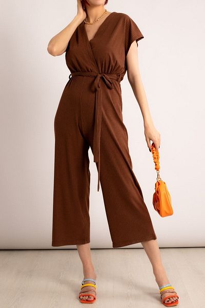 armonika Women's Brown Double Breasted Waist Belted Jumpsuit Arm-20y042008