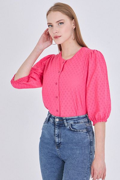 armonika Cămașă de damă fucsia cu decolteu O cu mâneci sferturi ARM-25Y001062