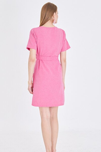 armonika Women's Fuchsia Button Belted Cuff Detail V Neck Dress Arm-23Y001026