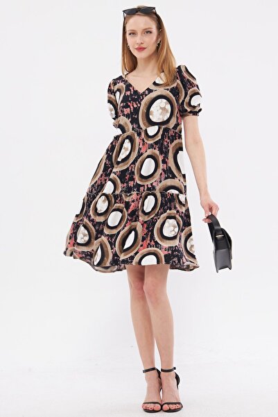 armonika Beige-Black V-Neck Print Women's Short Sleeve Ruffle Dress - ARM-24Y001014