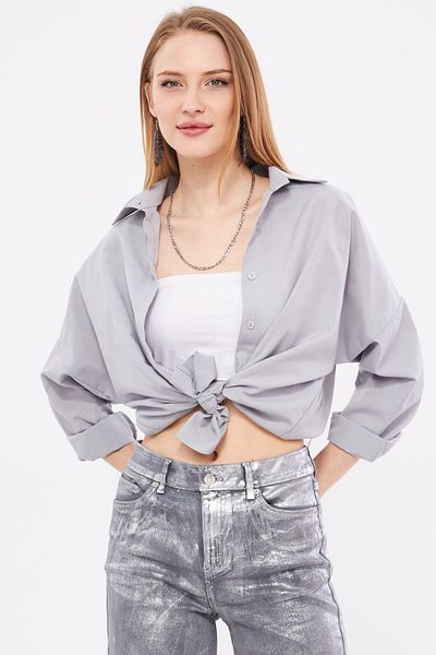 armonika Γκρι oversize γυναικείο πουκάμισο - Μακρύ βασικό μοντέλο ARM-22Y001118