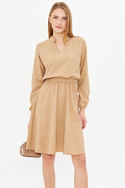 armonika Kadın Bej Kadife V Yaka Beli Lastikli İnce Fitilli Kloş Elbise ARM-25K001049