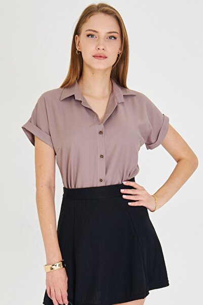 armonika Γυναικείο Μπεζ κοντομάνικο πουκάμισο ARM-19Y001065