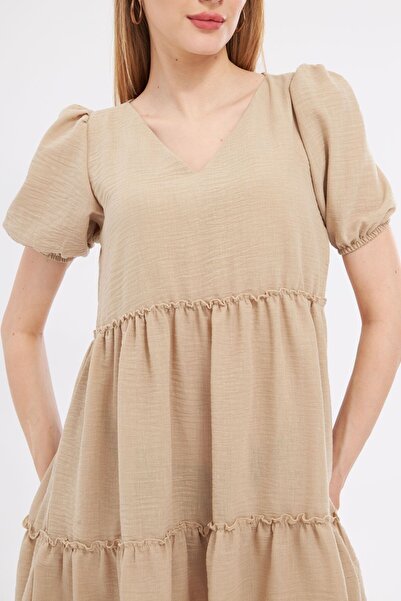 armonika Beige V-Neck Frilly Linen Look Women's Dress - ARM-24Y001071