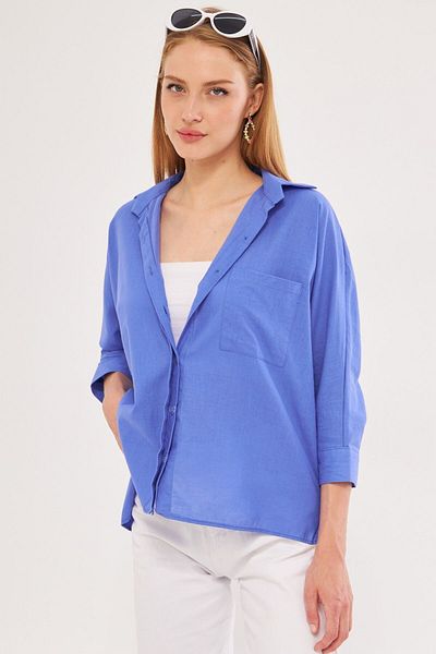 armonika Cămașă casual pentru femei din in - buzunare, albastru gheață ARM-21Y001035
