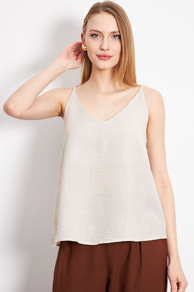 armonika Ecru Linen Look Women's Blouse - With Straps, ARM-24Y001064