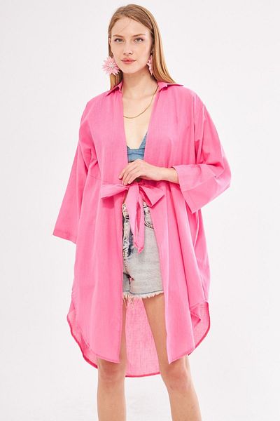armonika Cămașă Kimono Midi Fuchsia - in subțire, cravată în față, ARM-24Y001081
