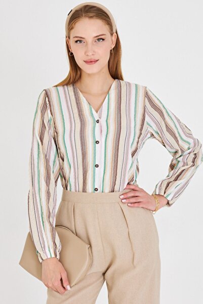 armonika Γυναικείο πουκάμισο με ελαστικό μανίκι σε μπεζ χρώμα ARM-24K001002