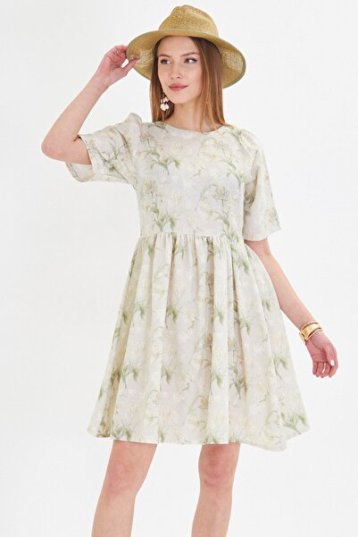 armonika Γυναικείο μπεζ φόρεμα με λαιμόκοψη με φερμουάρ στην πλάτη καρπούζι με μανίκια μέση με κορδόνι ARM-25Y001009