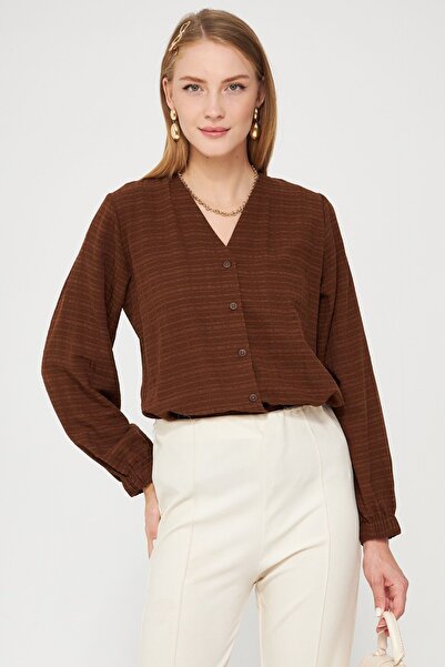 armonika Women's Wrap Brown Shirt - Elastic Sleeve ARM-24K 001002