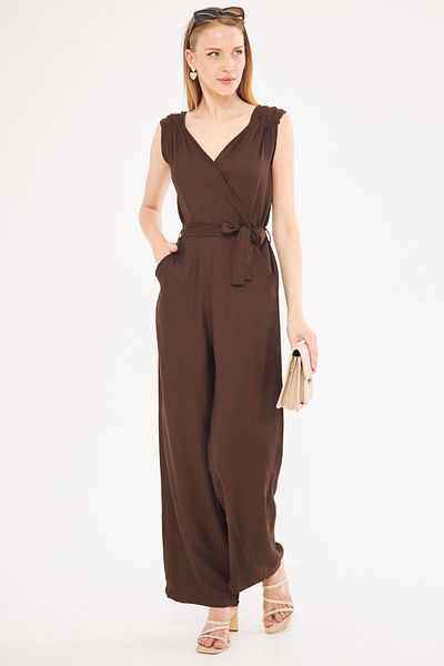 armonika Brown Double Breasted Collar and Elastic Shoulder Detailed Long Women's Jumpsuit - V Belted ARM-24Y001049