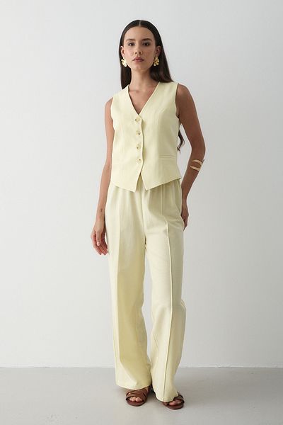 JASTE Women's Buttoned Vest & Palazzo Elastic Waist Trousers Linen Suit