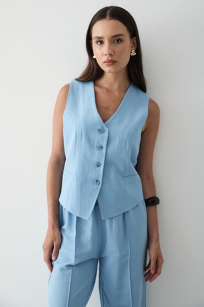 JASTE Women's Buttoned Vest & Palazzo Elastic Waist Trousers Linen Suit