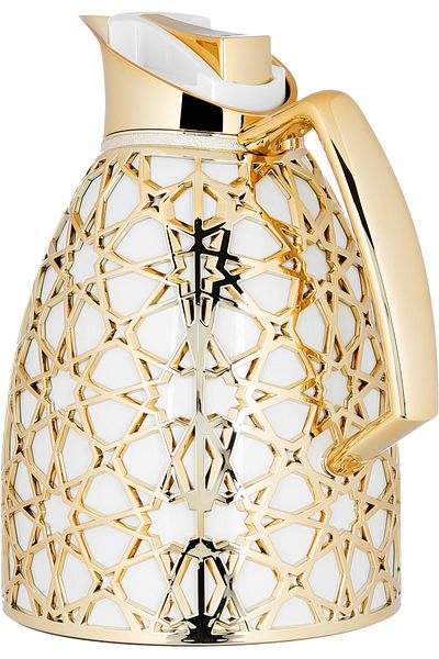 Alsaif Gallery Andalusia Alsaif Gallery Glass Thermos Set, 0.75.1 L, Islamic Pattern - White And Gold