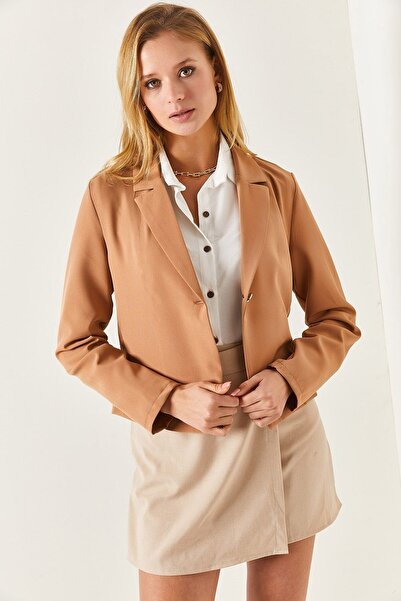 armonika Kadın Bej Tek Düğmeli Crop Ceket Arm-22y001237