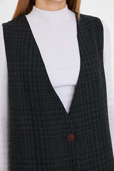 armonika Women's Khaki V-Neck Single Button Oversize Patterned Vest Arm-25K 001110