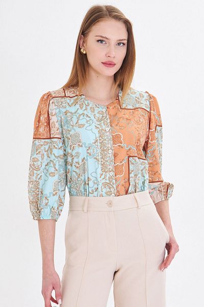 armonika Cămașă cu model cu mâneci sferturi, muștar, cu gâtul rotund, ARM-25Y 001021