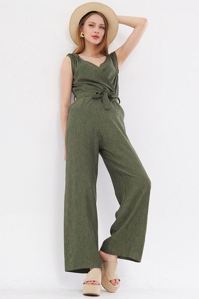 armonika Khaki Colored Women's Jumpsuit - Double Breasted Collar, Shoulder Detail, V Belted, Long ARM-24Y001049