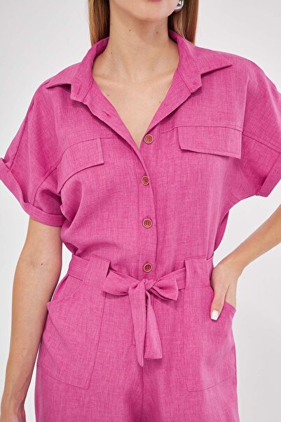 armonika Lilac Women's Palazzo Jumpsuit - Front Button, Waist Belt, Pocket, Bat Sleeve ARM-24Y 001105