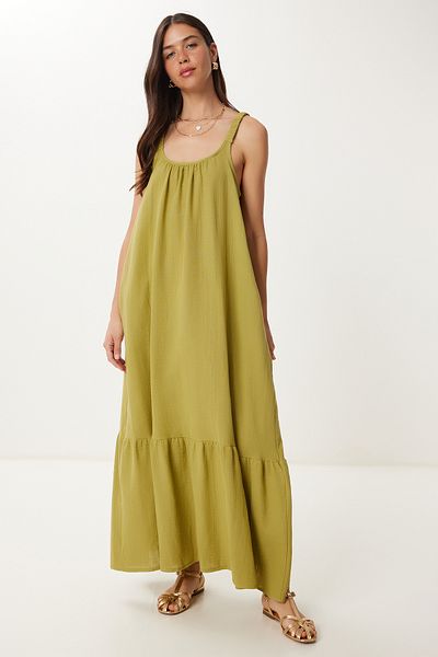 Lovelyİstanbul Rochie de muselină de vară cu bretele cu volan VERDE ULEI LFZ0002