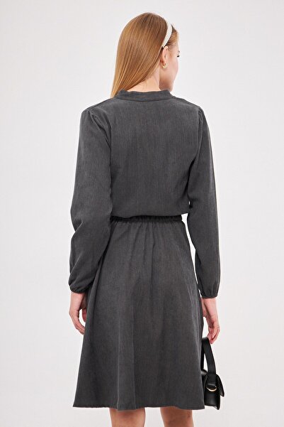 armonika Smoked Velvet Flared Dress - V-Neck, Elastic Waist, Slim Corduroy Arm-25K 001049