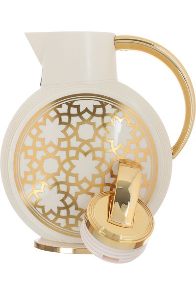 Alsaif Gallery Al Jawhara Thermos, Beige, Islamic Pattern, Golden Handle, 0.9 Liters
