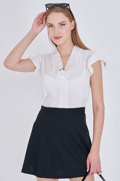 armonika Women's White Ruffled Collar and Sleeves Blouse Arm-25Y001063