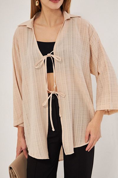 armonika Cămașă Kimono Bej - Decolteu și șireturi în față, ARM-25K 001006