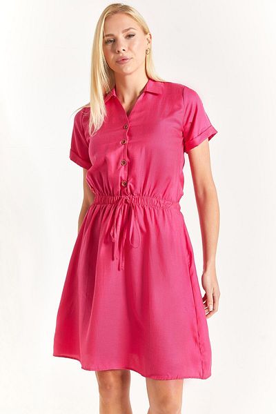 armonika Women's Fuchsia Elastic Waist Short Sleeve Shirt Dress