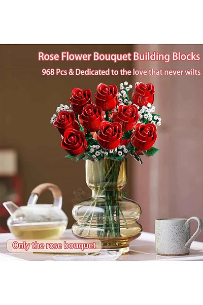 Choice 968pc Romantic Rose Flower Bouquet Building Blocks Creative Home Desk Plant Decoration Assemb