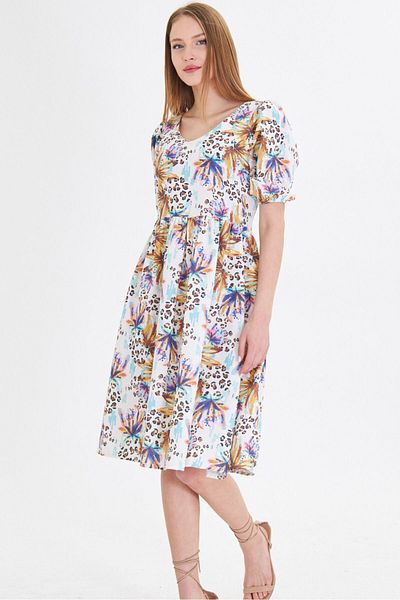 armonika Rochie de damă, maro, cu decolteu în U, cu mâneci, cu talie elastică, cu șnur, lungime midi ARM-25Y 001003
