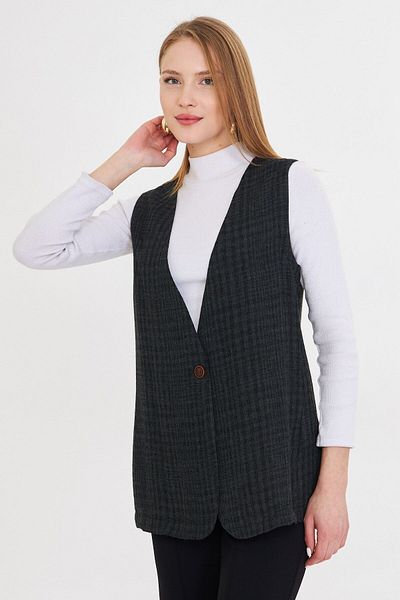 armonika Women's Khaki V-Neck Single Button Oversize Patterned Vest Arm-25K 001110