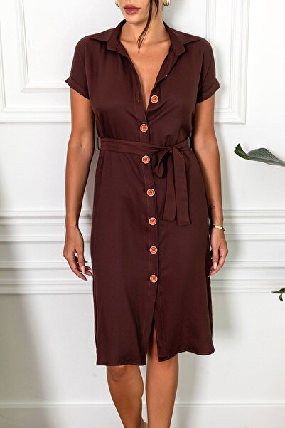 armonika Dámské hnědé košilové šaty s páskem a krátkým rukávem ARM-19Y001068