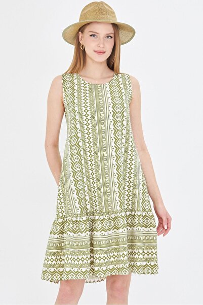 armonika Women's Khaki Patterned Skirt Ruffled Sleeveless Dress Arm-23Y 001052