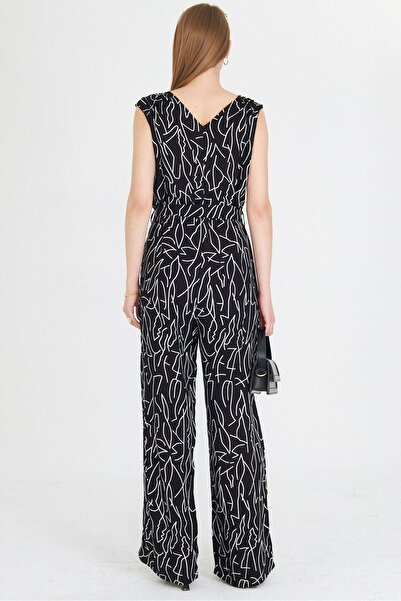 armonika Women's White Double Breasted Collar Shoulder Rubber Detailed Back V Belted Long Jumpsuit Arm-24Y001049