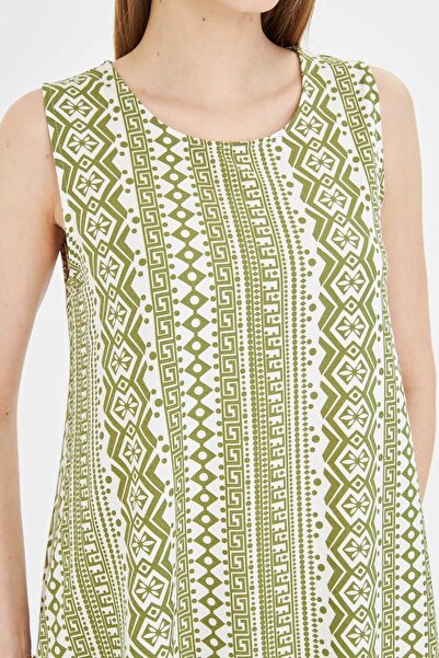 armonika Women's Khaki Patterned Skirt Ruffled Sleeveless Dress Arm-23Y 001052