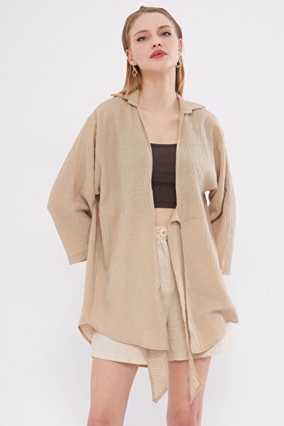 armonika Μπεζ πουκάμισο κιμονό - λινό εμφάνιση, δέσιμο μπροστά, ARM-24Y 001063