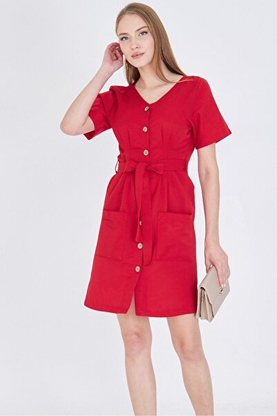 armonika Women's Red Button Belted Cuff Detail V Neck Dress Arm-23Y001026
