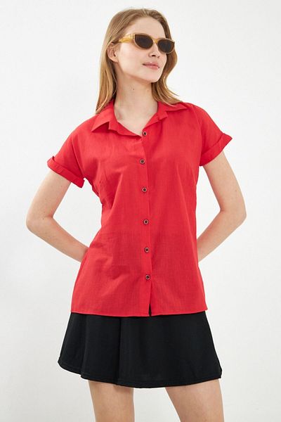 armonika Women's Red Short Sleeve Linen Shirt ARM-24Y001038