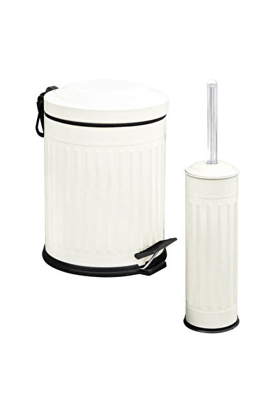 Eforeca Vintage 2 Li Çöp Kovası Banyo Seti Çizgili Krem